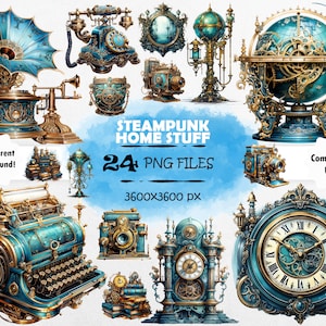 Può includere: Un set di 24 illustrazioni digitali di oggetti di arredamento steampunk per la casa. Le illustrazioni presentano una varietà di oggetti, tra cui un orologio, un globo terrestre, una macchina da scrivere, una lampada e un grammofono. Gli oggetti sono tutti in metallo e hanno una combinazione di colori blu e oro. Le illustrazioni sono di 3600x3600 pixel e sono perfette per l'uso in progetti digitali.