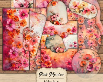 Pink Meadow Junk Journal Folio Wildflower Junk Journal Kit Shabby Chic Flowers Ephemera Pink Floral Scrapbook Printable Floral Junk Journal