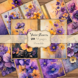 Páginas de diario basura con flores moradas y amarillas Páginas imprimibles de diario basura con estilo shabby chic Páginas a medias con flores de prado Páginas a medias con flores violetas