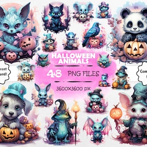 Watercolor Halloween Animals Clipart Bundle Halloween Animals PNG Set Pastel Halloween Animals Clipart Cute Halloween Animals Spooky Animals