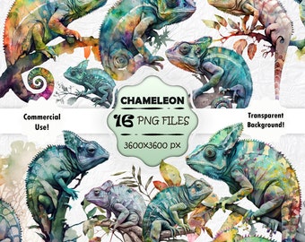 Bundle de cliparts caméléon aquarelle, impression caméléon coloré, ensemble PNG Aquarell caméléon, graphiques caméléon pour Junk Journal, Scrapbook