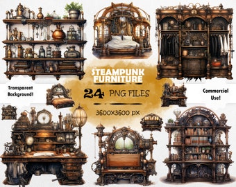 Conjunto de imágenes prediseñadas de muebles industriales vintage con elementos Steampunk de acuarela para álbumes de recortes, revistas basura y proyectos de arte digital