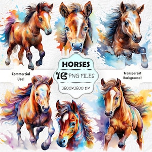 Aquarell Pferd Clipart Bundle, süßes Pferd druckbare Kunst, Regenbogen Pferd PNG Set, süße Pferde Bilder, Baby Pferd laufender Druck, Junk Journal