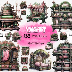 Watercolor Steampunk Furniture Clipart Bundle Victorian Furniture PNG Industrial Furniture PNG Steampunk Furniture PNG Steampunk Scrapbook