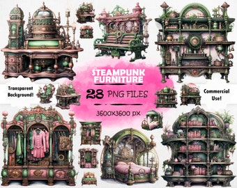 Acuarela Steampunk Muebles Clipart Paquete Muebles Victorianos PNG Muebles Industriales PNG Muebles Steampunk PNG Steampunk Scrapbook