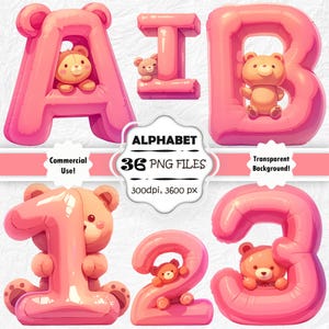 Alfabeto de globos rosas Clipart Letras de guardería rosas PNG Fuente de osito de peluche linda Letras de niña Clip Art de letras de baby shower Lindos números de globos