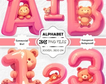 Pink Balloon Alphabet Clipart Pink Nursery Letters PNG Cute Teddy Font Baby Girl Letters Baby Shower Letters Clip Art Cute Balloon Numbers