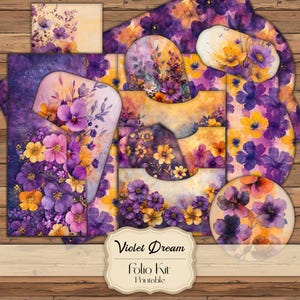 Dziennik śmieci Violet Dream Junk Journal Folio Zestaw dziennika śmieci Purple Flowers Junk Journal Zestaw żółtych kwiatów Ephemera Uroczy kwiatowy album do druku Dziennik śmieci kwiatowych