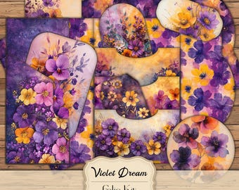 Violet Dream Junk Journal Folio Purple Flowers Junk Journal Kit Yellow Flowers Ephemera Cute Floral Scrapbook Printable Floral Junk Journal