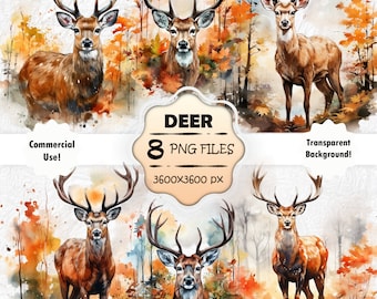 Watercolor Deer Clipart Bundle, Autumn Deer PNG Set, Fall Deer Painting, Junk Journal Printable Deer Art, Deer Wall Art, Autumn Deer Prints