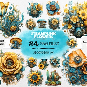 May include: A set of 24 digital illustrations of steampunk flowers. The flowers are in various colors, including yellow, blue, and green. The flowers are decorated with gears, cogs, and other steampunk elements. The illustrations are 3600x3600 pixels and are perfect for commercial use.