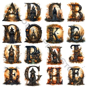 May include: An alphabet illustrated with spooky Halloween themes. Each letter is surrounded by autumn leaves, a witch, a haunted house, and jack-o-lanterns.