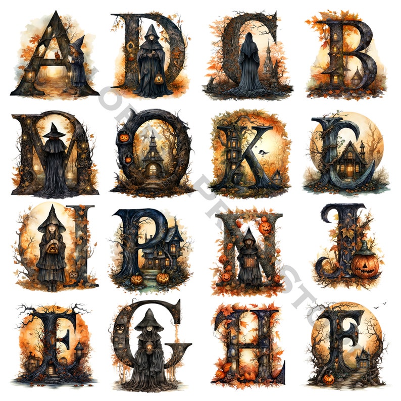 May include: An alphabet illustrated with spooky Halloween themes. Each letter is surrounded by autumn leaves, a witch, a haunted house, and jack-o-lanterns.