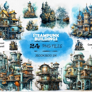 Watercolor Steampunk Buldings Clipart Bundle Victorian Buldings PNG Steampunk House Clipart Steampunk Factory PNG Steampunk Scrapbook Art