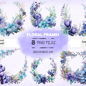 Bundle de cliparts cadre floral aquarelle fleur violette cadre PNG ensemble bordure lavande Clip Art couronne de mariage PNG cercle botanique art numérique