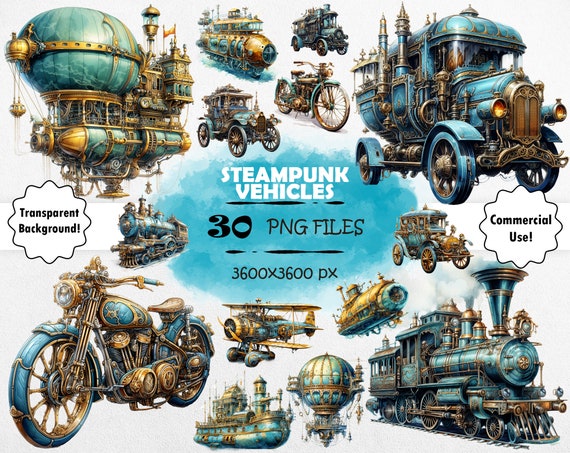 MEGA SET Watercolor Steampunk Vehicles Clipart Bundle