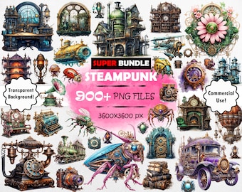 ULTIMATE SET Watercolor Steampunk Elements Clipart Bundle Steampunk Insects Steampunk Vehicles Clipart Steampunk Items PNG Steampunk Flowers