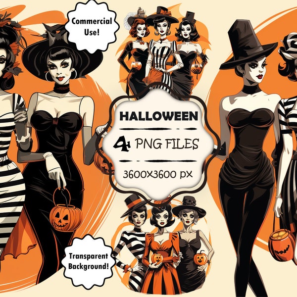 Retro Halloween Clip Art Set 90s Halloween Pop Art Halloween 90s PNG Retro Halloween Decor Vintage Halloween Clipart Halloween Women PNG Set