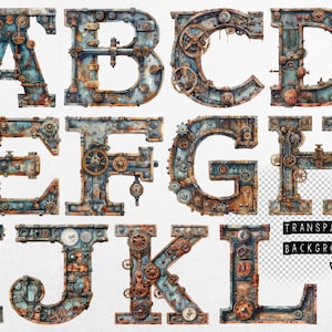 Op de afbeelding: Een set alfabetletters van A tot en met L gemaakt van metaal met tandwielen en andere industriële elementen. De letters zijn roestig en hebben een blauw en bruin kleurenschema. De letters staan op een witte achtergrond.