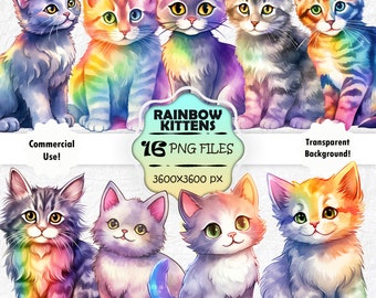 Watercolor Rainbow Kitten Clipart Bundle, Watercolor Kitten PNG Set, Colorful Cat Wall Art, Cute Cat Sublimation Design, Junk Journal Images