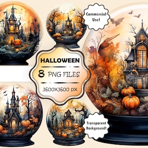 Aquarelle Halloween Snow Globe Clip Art Bundle Halloween Castle Snow Globe PNG Set Haunted House Clip Art Haunted Mansion PNG Spooky House