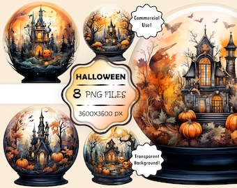 Watercolor Halloween Snow Globe Clip Art Bundle Halloween Castle Snow Globe PNG Set Haunted House Clip Art Haunted Mansion PNG Spooky House