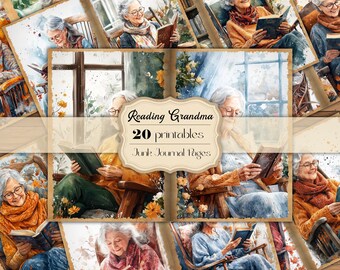 Watercolor Grandma Reading Junk Journal Pages Grandmother Reading Junk Journal Printable Reading Old Lady Half Pages Old Woman Reading PNG