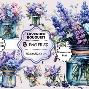 Aquarell Lavendel Bouquet Clipart Bundle, Blaue und Lila Blumen PNG Set, Violette Hochzeitsblumen Clip Art, Hochzeit Einladung Dekor