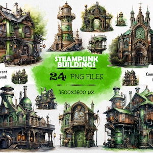 Watercolor Steampunk Buldings Clipart Bundle Vintage Buldings PNG Set Steampunk House Clipart Steampunk Church PNG Steampunk Scrapbook Art
