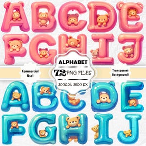 Lindo alfabeto para niños PNG Letras para baby shower Clipart Adorables letras para guardería PNG Letras para niña Clip Art Lindos números con globos PNG