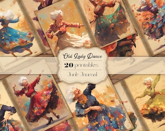 Happy Old Lady Dancing Junk Journal Pages Adorable Old Woman Junk Journal Printable Dancing Old Lady Printables Dancing Grandma Junk Journal