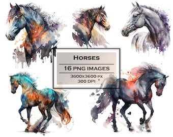 Aquarel paard clipart bundel paard print paard kunst aquarel paard PNG bundel aquarel paard muur kunst paard kleurrijke paard clipart set