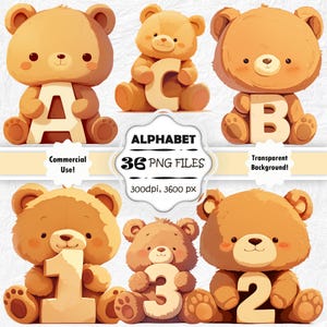 Lindo alfabeto para niños PNG Letras de osito de peluche Clipart Adorables letras de guardería PNG Letras de baby shower Clip Art Lindos números de osito de peluche PNG