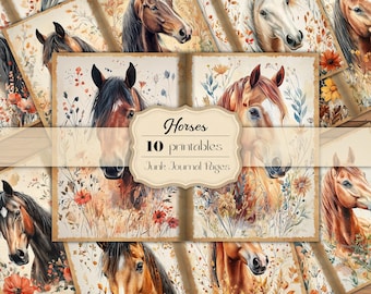 Floral Horse Junk Journal Pages Horse Portrait Junk Journal Printable Watercolor Horse Half Pages Wild Horses Half Papers Digital Download