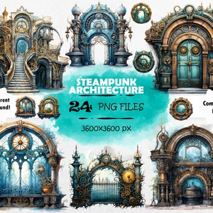 Watercolor Steampunk Architecture Clipart Bundle Steampunk Windows PNG Steampunk Window Clipart Steampunk Door PNG Steampunk Junk Journal