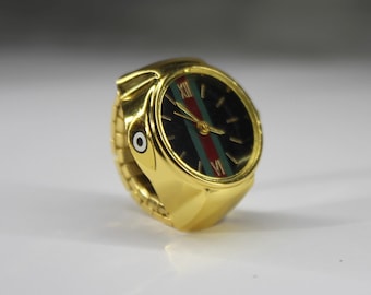 Vintage Gold Tone Evil Eye Watch Ring, Adjustable Statement Protection Talisman Jewelry (Sizes 6-11)