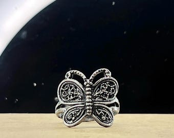 Vintage Inspired Bohemian Butterfly Statement Ring Antique Silver Finish Size 8