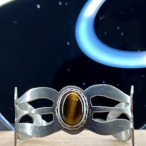 Bracciale regolabile vintage in argento sterling con occhio di tigre, stile cowboy, stile Carter, stile western
