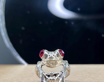 Sterling Silver Frog Ring: Adjustable Band, Red Crystal Eyes