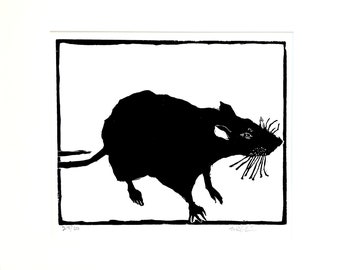 black rat original linocut by Mendocino printmaker Nicholas Collins23/40