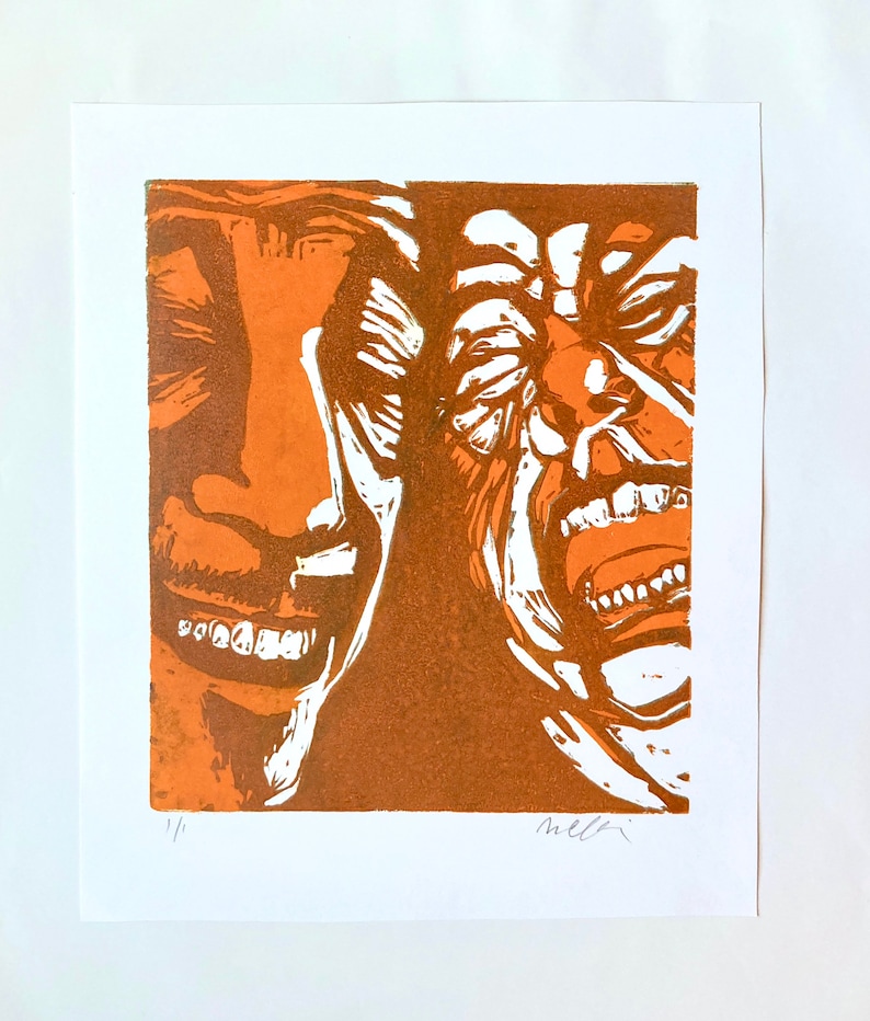 Two Guys At Work reduction color linocut by Mendocino printmaker Nicholas Collins