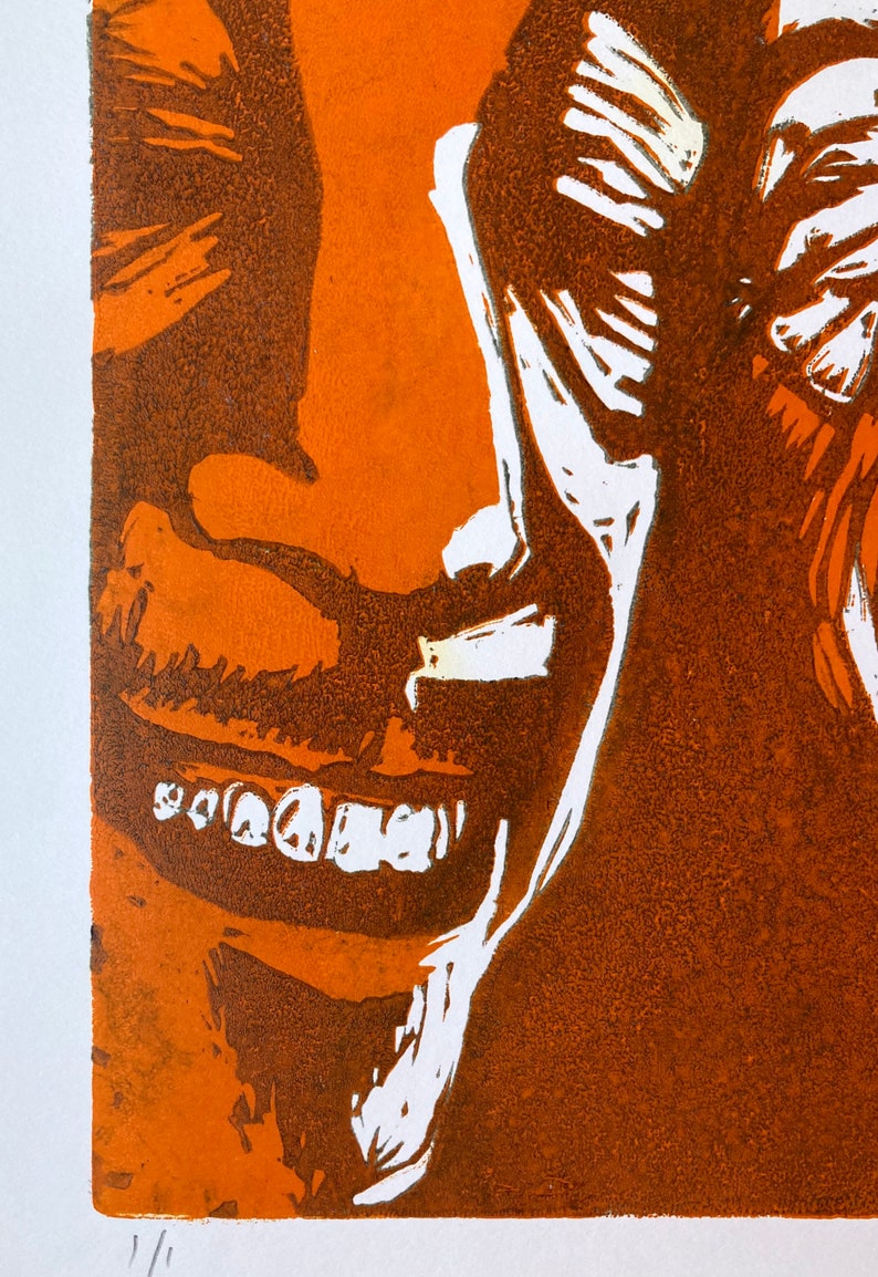 Two Guys At Work reduction color linocut by Mendocino printmaker Nicholas Collins