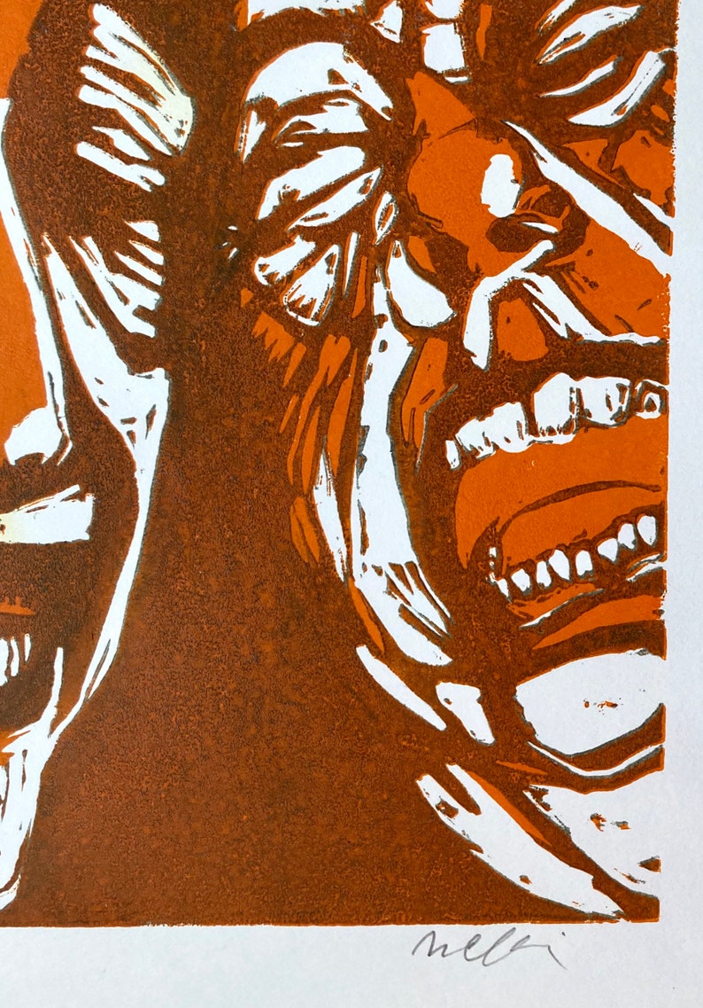 Two Guys At Work reduction color linocut by Mendocino printmaker Nicholas Collins