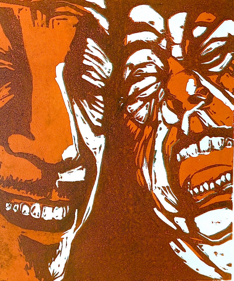 Two Guys At Work reduction color linocut by Mendocino printmaker Nicholas Collins