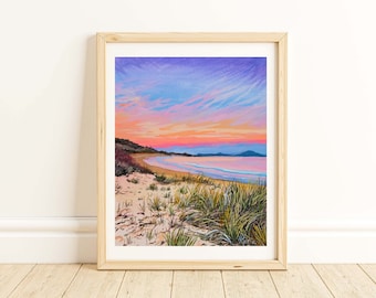 Winter Ocean Sunset Art Print: Coastal Pastel Seascape Wall Decor Gouache Painting