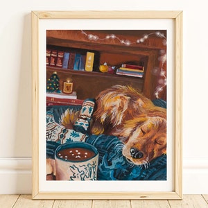 4x6, 5x7, 8x10 Cozy Christmas Golden Retriever Gouache Original Art Print Gallery Wall