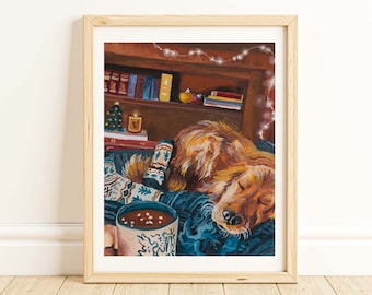 4x6, 5x7, 8x10 Cozy Christmas Golden Retriever Gouache Original Art Print Gallery Wall