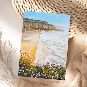 Hollow Coves Art Print: Original Painting Gouache Wall Decor Coastal Wildflowers, Serene Pastel Ocean Landscape | 4x6, 5x7, 8x10, 16x20