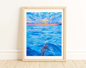 4x6, 5x7, 8x10 Ocean Sunrise Swim Gouache Art Print Wall Decor Gallery Wall