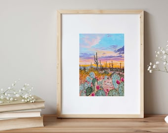 Desert Sky Art Print: Sunset Cactus Landscape Wall Decor Gouache Painting